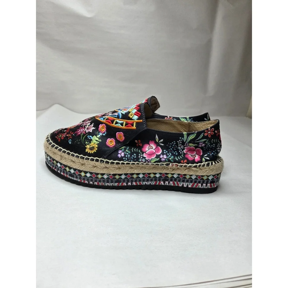 Johnny Was Black Leopard Floral Embroidered Platform Espadrille Shoes Size 9.5